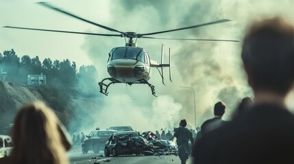 Helicopter Flying Over Car Accident Scene with Smoke and People