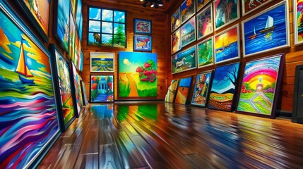 A Colorful Gallery Wall of Paintings, Captured in a Wide Angle Perspective, Showcasing a Variety of Landscapes and Seascapes, Art Gallery, Gallery Wall, Artwork