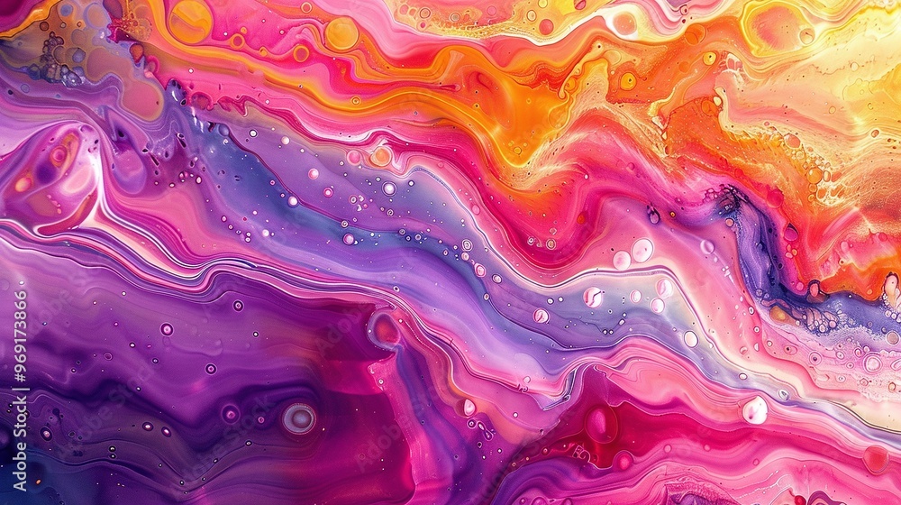 Poster fluid painting with very vivid colors and liquid drops in an abstract flow perfect for showcasing a 