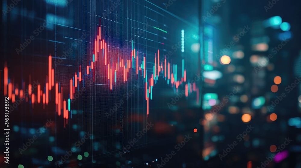 Poster a stock market chart with bar graphs on a monitor, capturing the dynamic flow of real-time financial