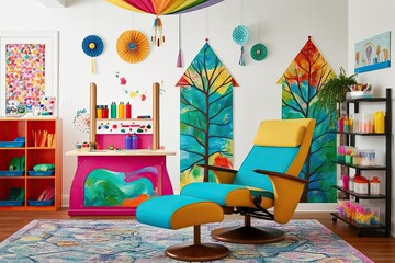 Whimsical Learning Area Design Featuring Artistry Station, Reclining Chair, and Colorful Supplies on White Background