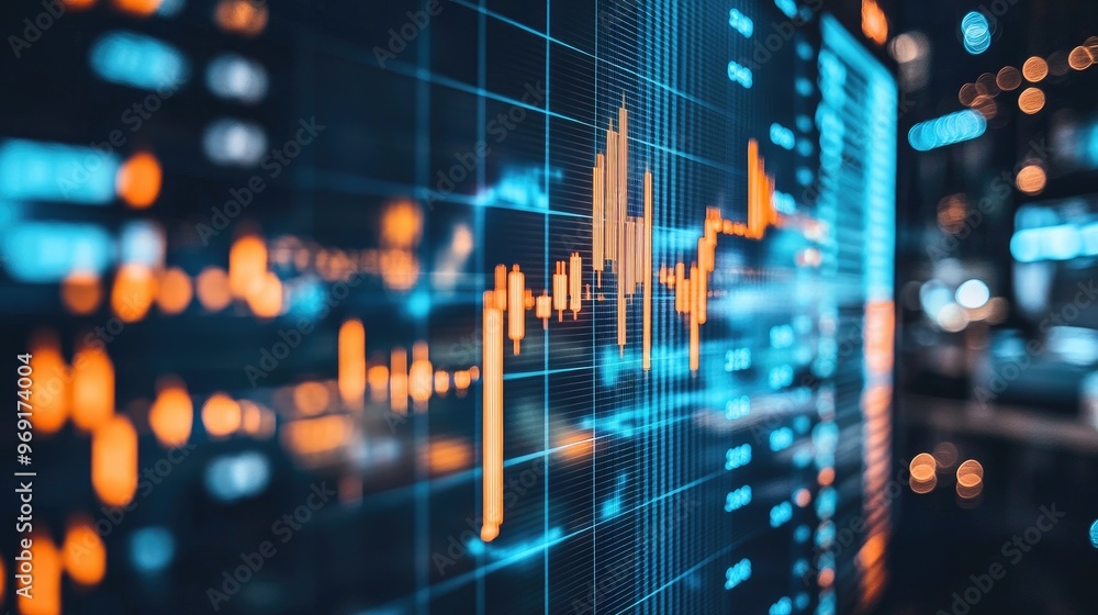 Poster a stock market chart with bar graphs on a monitor, capturing the dynamic flow of real-time financial