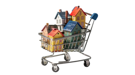 Supermarket cart full of small houses on transparent background