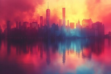 dramatic cityscape under intense heatwave shimmering air distortions and vibrant sun rays urban heat island effect visualized with thermal imaging palette