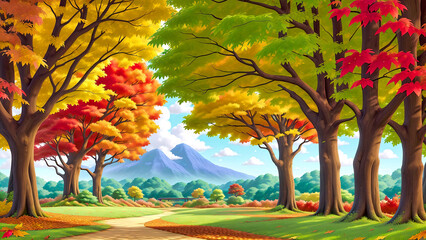 紅葉の森と公園、白い雲と青い空
