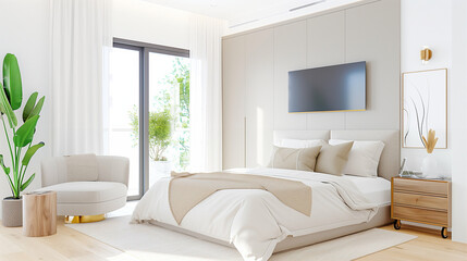 Fototapeta premium Modern bedroom interior with cozy atmosphere and stylish design featuring natural light