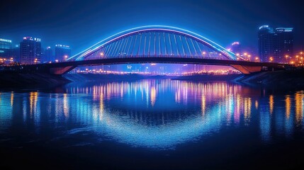 Obraz premium A stunning night view of a well-lit bridge arching over a river, with reflections shimmering on the water and city lights creating a vibrant scene.