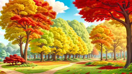 紅葉の森と公園、白い雲と青い空