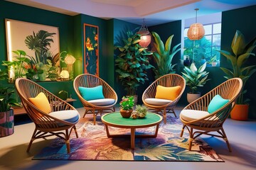 Fototapeta premium 3D Visualization of a Bohemian Living Room Featuring Rattan Seating Colorful Indoor Plants and an Eco-Friendly Coffee Table in a Relaxed Digital Garden Setting