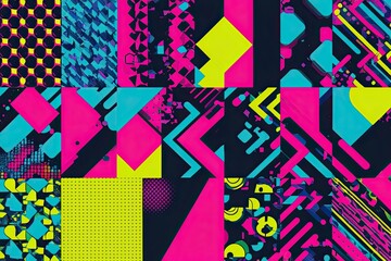 Naklejka premium Vibrant Graphic Design Collage Featuring Dynamic Patterns and Fluorescent Colors