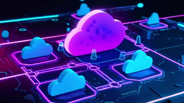 Purple cloud symbol on a glowing neon circuit board with blue and purple neon lights.