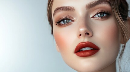 Fototapeta premium A stylish shot of a woman with a glamorous makeup look, featuring dramatic eyes and a bold lip color, posed against a clean, minimalist backdrop.