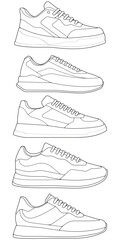 set of outline Cool Sneakers. Shoes sneaker outline drawing vector, Sneakers drawn in a sketch style, sneaker trainers template outline, Set Collection. vector Illustration.
