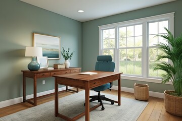 Serene Home Office 3D Visualization with Hardwood Desk and Ergonomic Chair