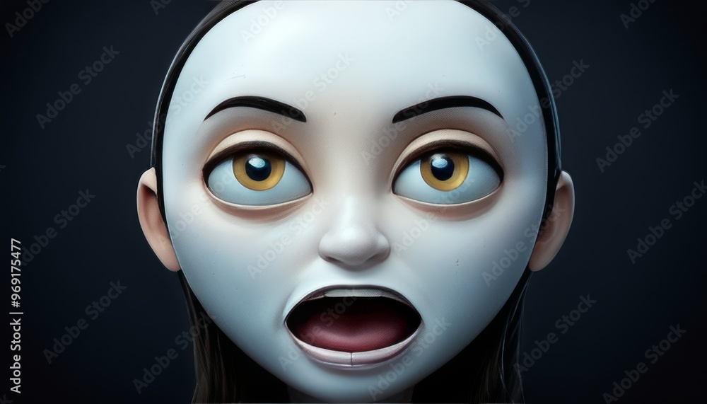 Poster a close-up of an animated character with large, expressive eyes and an open mouth, conveying surpris