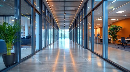 Naklejka premium Modern office corridor with glass walls and open workspaces on both sides, featuring contemporary design elements, polished floors, and natural lighting