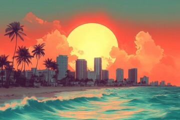 dreamy miami beach scene in soft pastel hues palm trees art deco buildings and gentle waves blend in a hazy retroinspired illustration with a nostalgic summer vibe