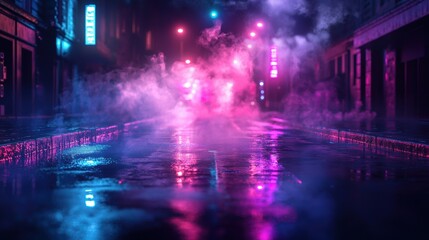 Fototapeta premium Neon Lit City Street with Dramatic Rainy Night Reflections