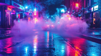 Neon lit City Street at Night with Reflective Wet Pavement and Atmospheric Lighting