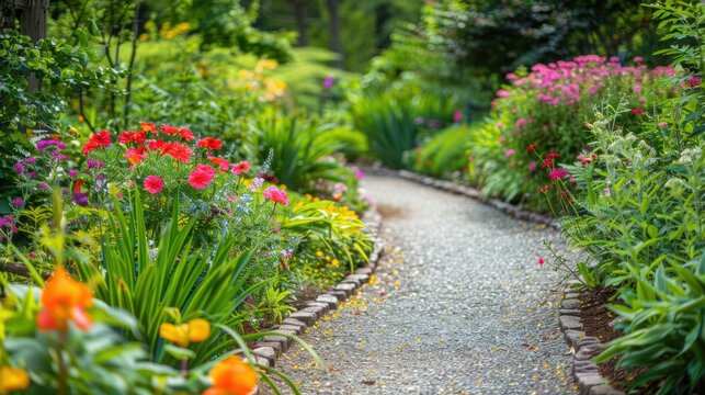 Colorful garden path with blooming flowers and lush greenery in a serene park