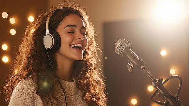 Joyful Musician Singing in Studio: Happy Woman with Headphones Recording Vocals, Using Professional Sound Equipment. photo