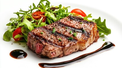 A tender, juicy steak with a side of fresh green salad and a drizzle of balsamic vinaigrette, presented against a stark white background.