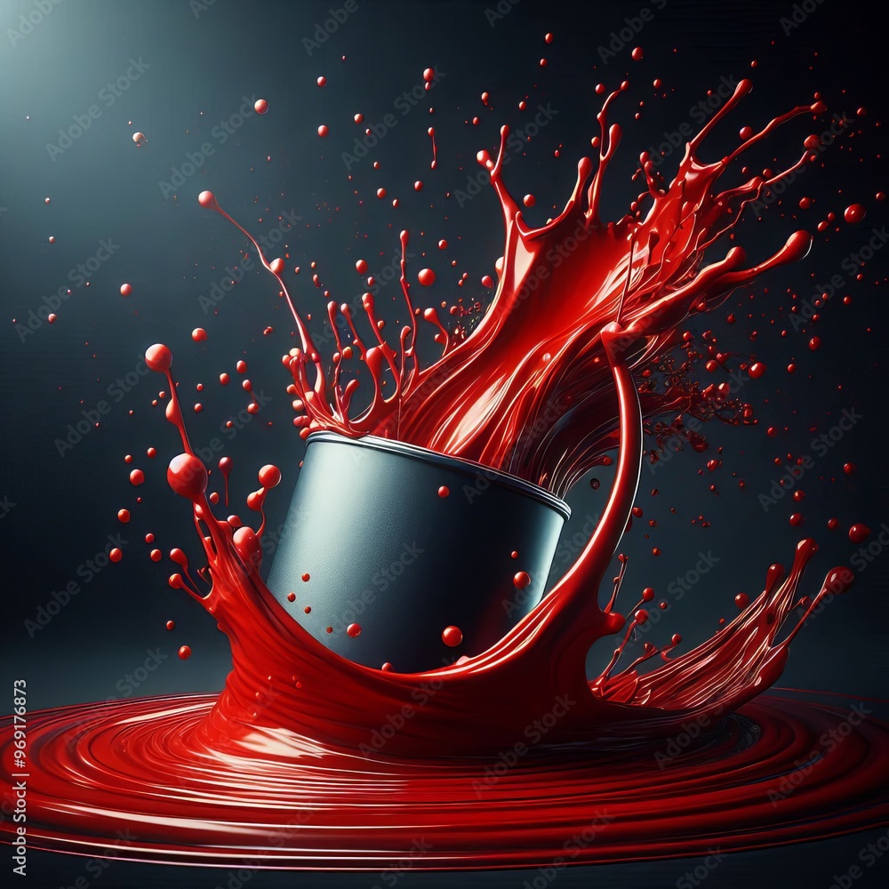 Poster an abstract digital art piece capturing the dynamic splash of red paint against a dark background. t