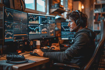 Obraz premium A financial analyst working on a computer with real-time stocks and exchange market charts.