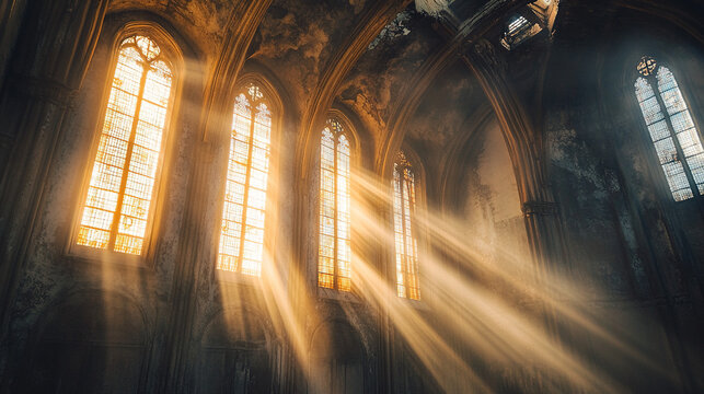 Dramatic Tyndall effect with sunlight piercing through the windows of an old cathedral, casting beams of light across the dusty interior, highlighting its ancient and mysterious atmosphere.