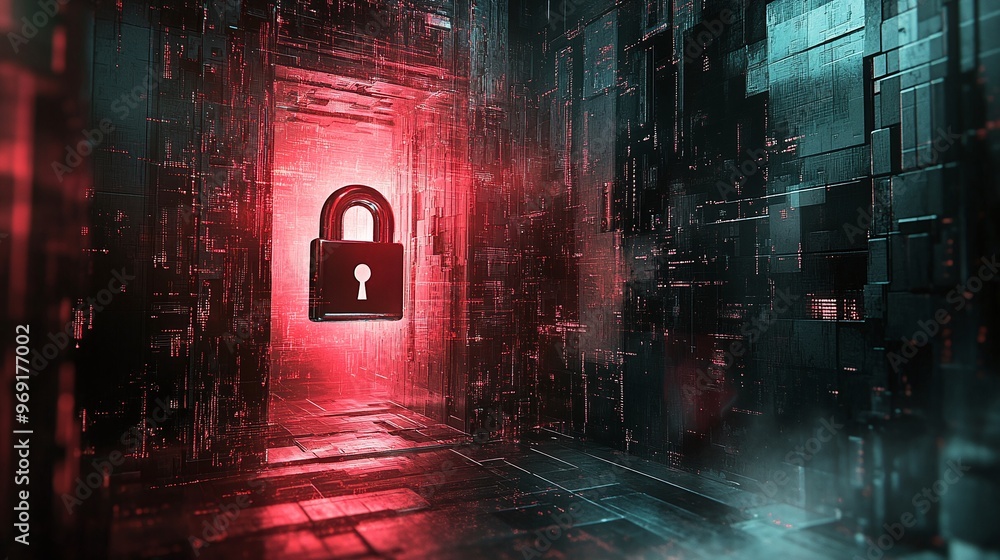 Poster abstract cyberspace background featuring digital padlock ideal for illustrating secure network, data