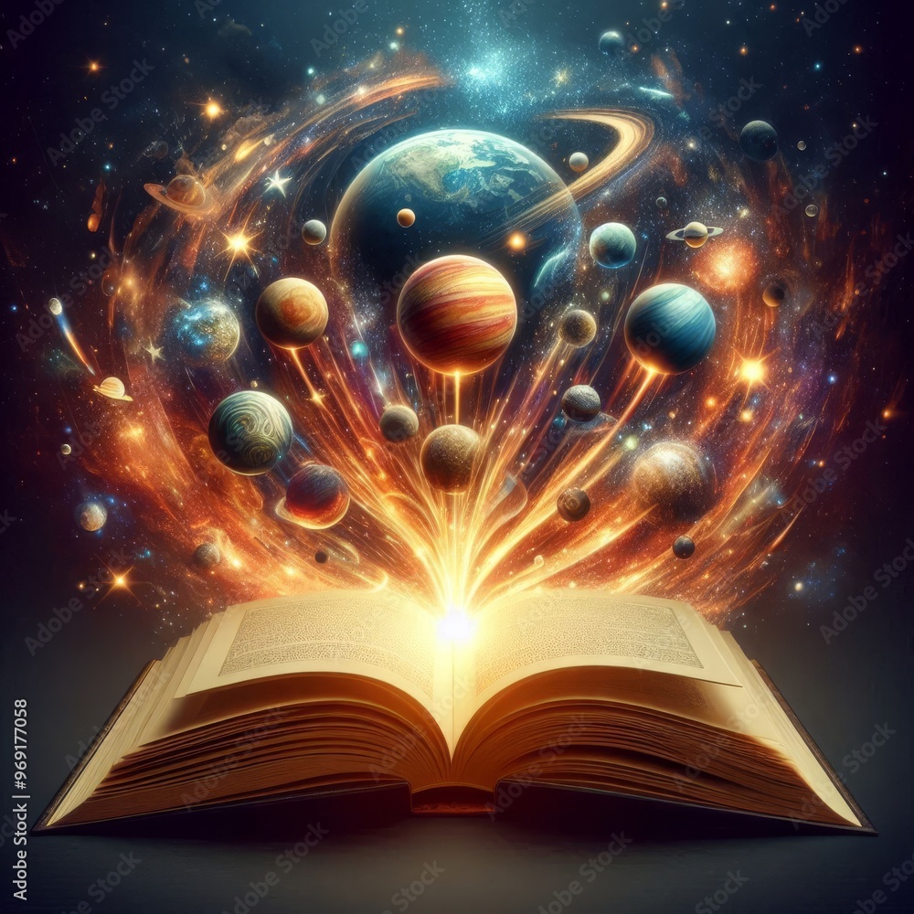Poster an open book with planets and galaxies emerging from its pages, symbolizing the boundless possibilit