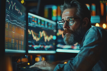 Obraz premium A financial analyst working on a computer with real-time stocks and exchange market charts.