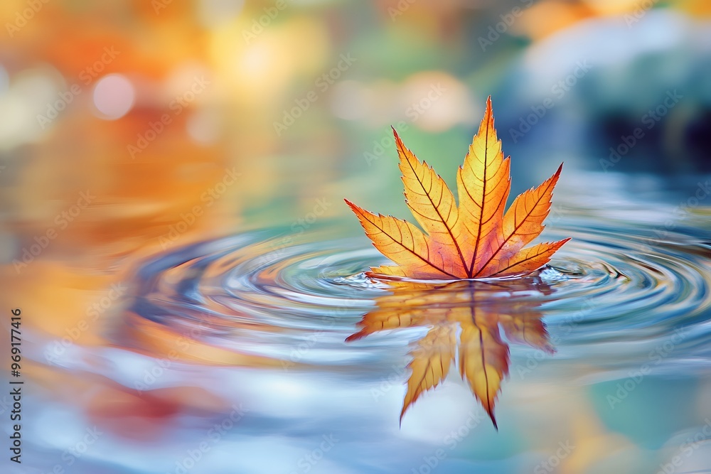 Poster autumn leaf floating on water with ripples and bokeh