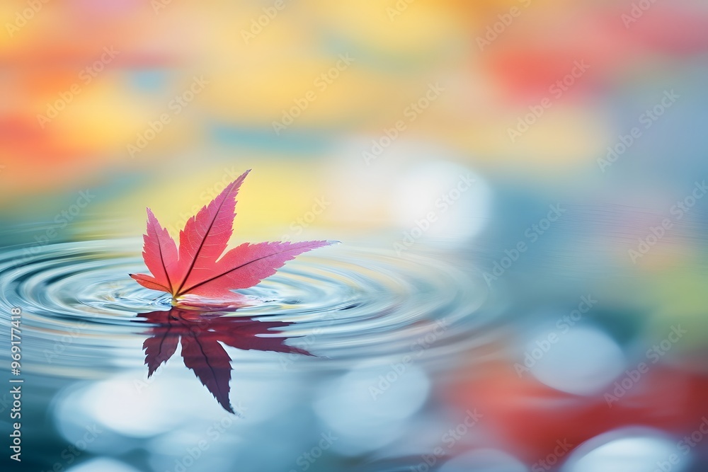 Poster autumn leaf floating on water with ripples and bokeh background