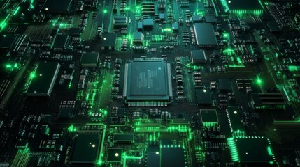 Fototapeta premium A hightech close up of a vibrant green circuit board, highlighting chips and intricate connections