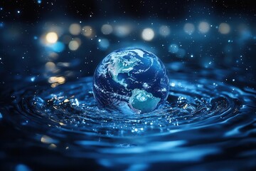 earth as a pristine water droplet suspended in space continents and oceans visible within spherical form starry cosmic background concept of global water conservation