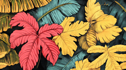 Fototapeta premium An artistic illustration of tropical leaves in warm, contrasting colors, arranged against a dark background to create a visually striking and decorative pattern.