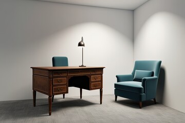 3D Visualization of Modern Study Area with Vintage Desk Cozy Seating and Soft Lighting on White Background for Academic Research and Learning