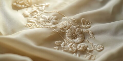Closeup of delicate floral embroidery on white fabric.