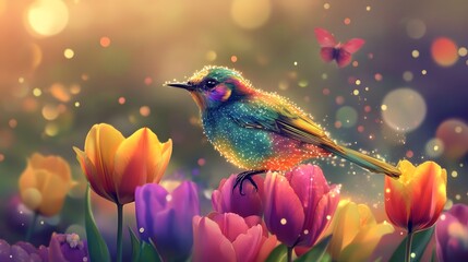 Magical Rainbow Bird Perched on Tulip Flower