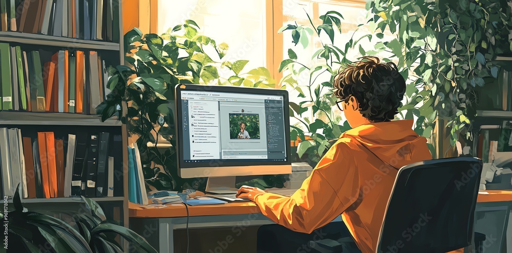 Poster a person in a yellow jacket is working at a desk next to a window with sunlight streaming through it