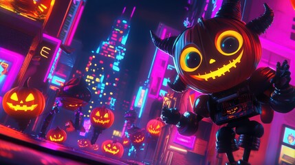 Fototapeta premium Halloween Pumpkin Robots in Neon City