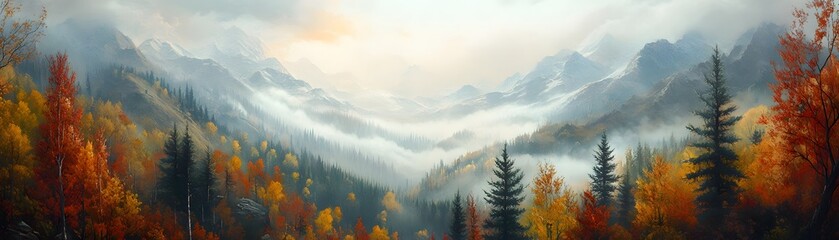 Naklejka premium Autumn Mountain Landscape with Fog and Forest