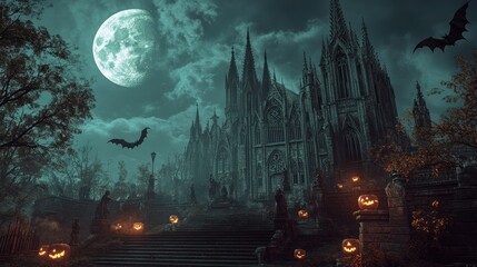 Obraz premium Spooky Halloween Night at the Haunted Cathedral