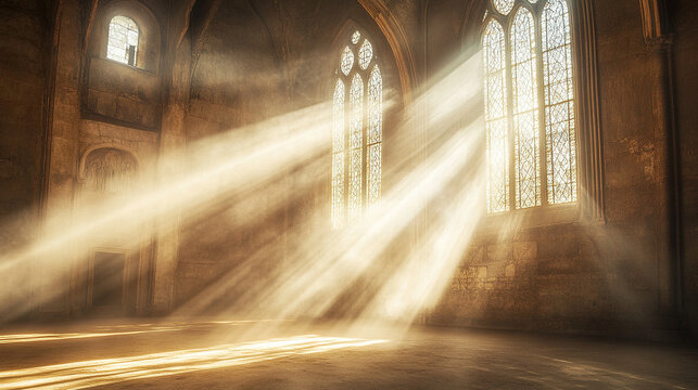 Dramatic Tyndall effect with sunlight piercing through the windows of an old cathedral, casting beams of light across the dusty interior, highlighting its ancient and mysterious atmosphere.