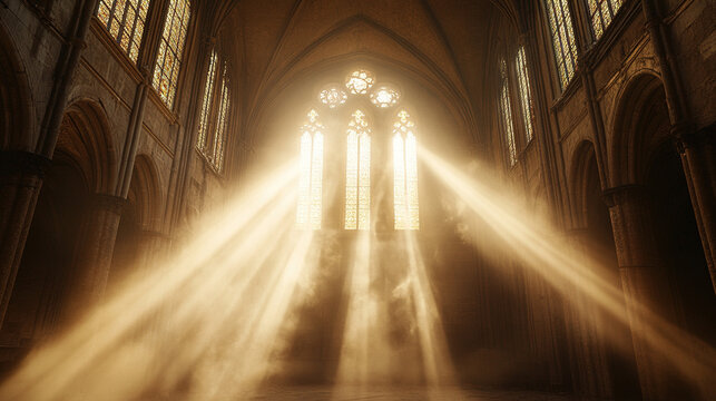 Dramatic Tyndall effect with sunlight piercing through the windows of an old cathedral, casting beams of light across the dusty interior, highlighting its ancient and mysterious atmosphere.