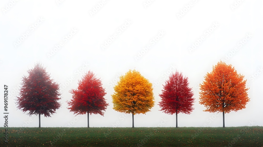 Poster row of colorful fall trees in fog