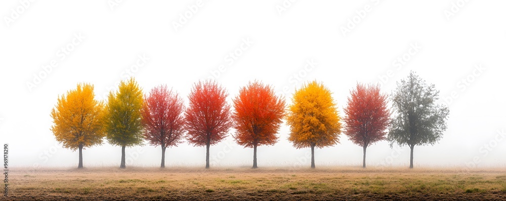 Poster row of trees in autumn fog with colorful leaves