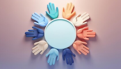 Obraz premium Colorful hands arranged in a circular pattern, symbolizing unity, diversity, and collaboration around a central blank space.