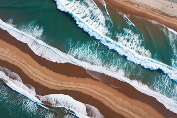 Fototapeta premium Aerial View of Beautiful Waves Crashing on a Sandy Summer Beach